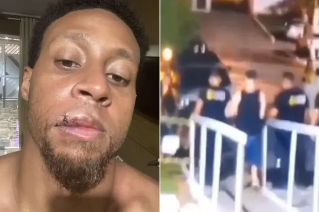 Vendedor foi agredido por seguran&ccedil;as ao ser barrado em retorno para festa no interior de SP &mdash; Foto: Arquivo Pessoal e Reprodu&ccedil;&atilde;o
