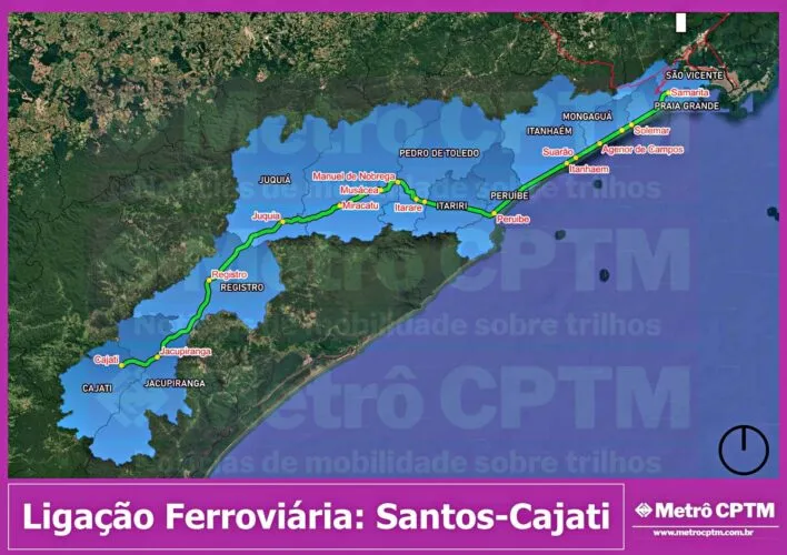 Liga&ccedil;&atilde;o da Baixada Santista com Cajati (Jean Carlos) Para compartilhar esse texto utilize o link https://www.metrocptm.com.br/cptm-contrata-empresa-para-estudos-de-trem-entre-santos-e-vale-do-ribeira/ ou as ferramentas oferecidas no artigo. Prestigie o trabalho original do autor