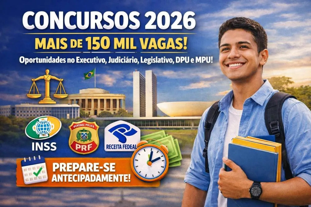 Concursos 2026: Brasil projeta mais de 150 mil vagas em concursos para diversos órgãos / Foto: Gerada por IA